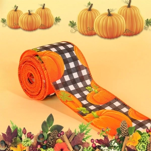Close-up of wired edge burlap ribbon with pumpkin patterns and black white plaid textures