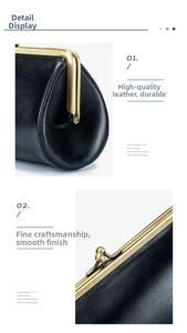 Close-up of premium black leather clutch featuring a vintage gold metal frame and ball clasp