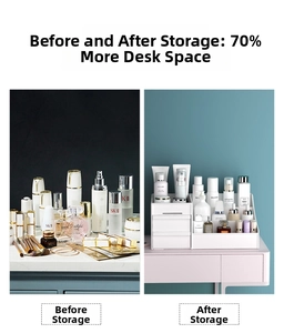 Split view showing makeup organizer with dual drawers and open slots for storage