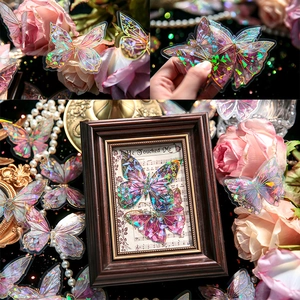 Detailed holographic butterfly stickers with vintage frame and floral display accents