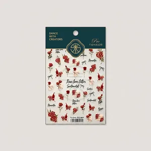 French rose nail art stickers with red butterflies and ribbons on adhesive backing