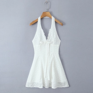 Women Halter Mini Dress White Lace Embroidery V Neck Backless Bow Detail Sleeveless Sexy Elegant Summer Vacation A Line