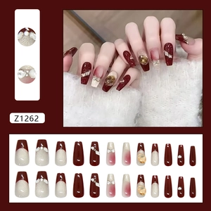 Cat eye wine red press on nails with glitter diamond and silver bow accents