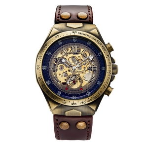 Vintage bronze skeleton mechanical watch for men with brown leather rivet strap