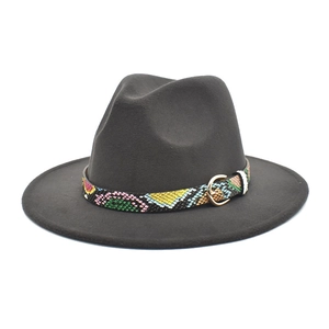 Detail of colorful snakeskin pattern belt with golden metal buckle on a charcoal wool fedora