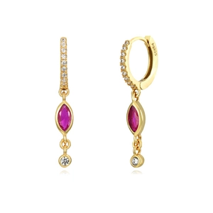 Close-up of gold S925 earrings with marquise ruby gemstone and sparkling white zircon