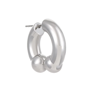 Close-up of polished silver chunky hoop earring featuring two spherical metal accents