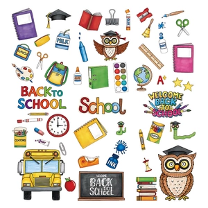 Cartoon Back to School sticker set with school bus and owl illustrations for classroom wall decor