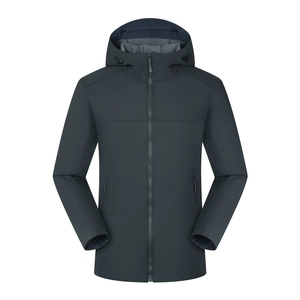 Dark grey hooded softshell jacket with full zip and adjustable drawstrings for outdoor wear