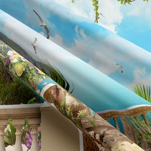 Detailed close-up showing fabric texture and vibrant Mediterranean landscape print on tapestry