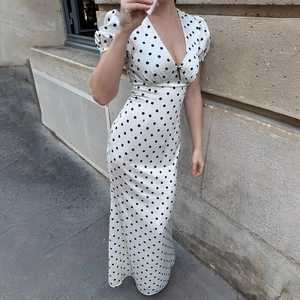 Robe Longue À Pois Pour Femmes Col En V Manches Bouffantes Coupe Ajustée Satin De Polyester Taille Nouée Sexy Chic