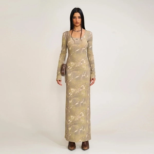 Slim fit long sleeve maxi dress featuring olive green marble print in elastic knit fabric
