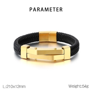 Macro shot of 210mm braided leather bracelet with black gold stainless steel geometric clasp