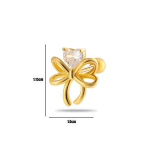 Gold bow heart stud earrings with cubic zirconia, dimensions shown as 1.15cm by 1.0cm