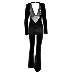 Detailed back view of sexy black backless jumpsuit featuring cutout design and slim fit cut