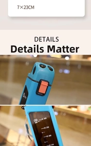 Detail view of the 23cm blue sports water bottle featuring clear scale and carrying strap