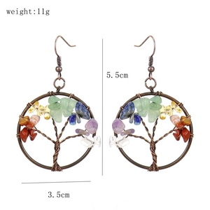 Detail showing handmade wire tree of life earrings with assorted natural crystal gemstones