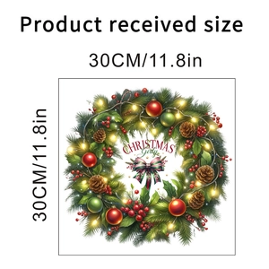 Detailed size chart showing a 30cm Christmas wreath wall sticker with pine cones and bow