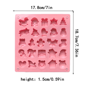 Detailed size view of pink 25-cavity Christmas silicone mold for chocolate and baking