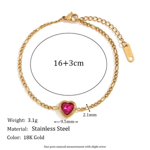 18K gold plated stainless steel Figaro chain bracelet with pink heart gemstone charm