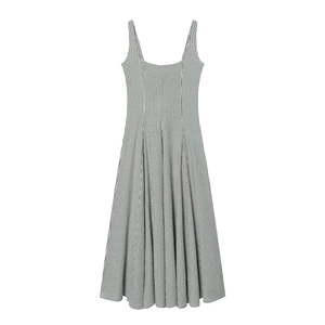 Robe Midi À Carreaux Gingham Sans Manches Col Carré Taille Haute Coupe En A Seersucker Style Vintage Femmes