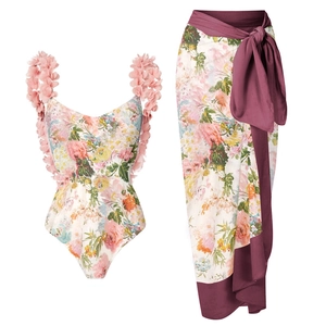 Maillot De Bain Femme Applique Fleur 3D Imprimé Floral Dos Nu Plage Vacances Maillot Et Jupe Portefeuille Sarong