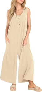 Detail of beige sleeveless wide-leg jumpsuit with ribbed texture and front buttons