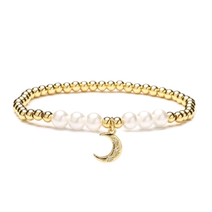 Golden 4mm bead bracelet with white pearls and a crescent moon pendant for women