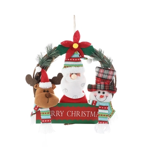 Christmas wreath with reindeer, Santa, and snowman on a natural rattan ring