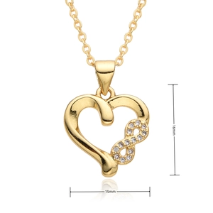 Detail view of gold heart necklace with infinity symbol and micro-pave white zircons
