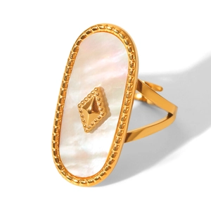 Detailed macro view of 18K gold-plated ring with white mother of pearl and diamond-shaped stud