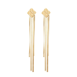 Elegant gold hammer textured diamond studs with long flat snake chain tassels earrings