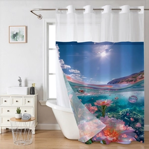 Detail of waffle weave shower curtain with ocean and floral digital print and metal eyelets