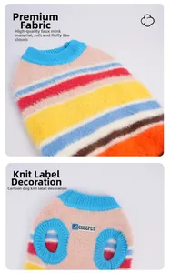 Close-up of soft faux mink fur texture and rainbow stripes on pet sweater with brand label