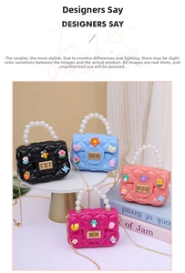 Detailed view of mini jelly handbags with pearl handles and cute cartoon patches