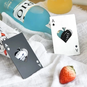 Ace of Spades card bottle opener in silver and black stainless steel on drink bottles