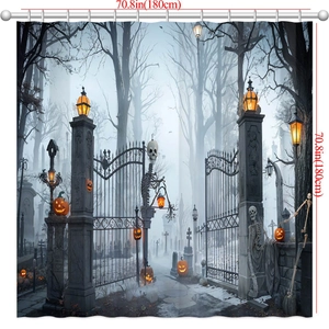 Detail view of 180cm Halloween shower curtain with cemetery and pumpkin print