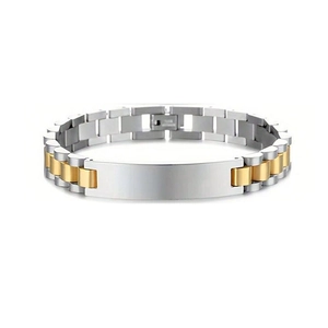 Adjustable two-tone silver and gold stainless steel link bracelet with blank engraving plate
