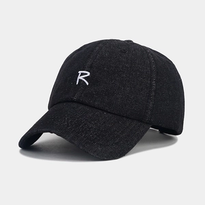 Classic black denim baseball cap featuring white embroidered R letter and curved brim