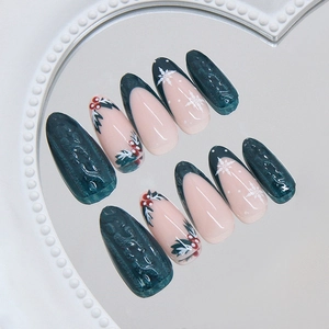 French dark green Christmas cedar press on nails with 30 pieces of 3D embossed texture