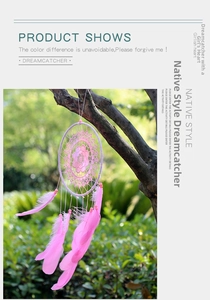 Detailed view of handmade pink dream catcher with feathers and beads on tree branch