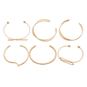 6-piece gold polished adjustable open cuff bracelet set with minimalist metal designs