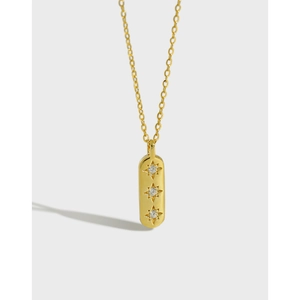 925 Sterling Silver Necklace With Geometric Rectangle Bar Pendant Starburst Zircon Inlay Minimalist Jewelry For Women