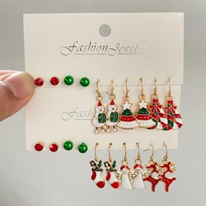 Christmas Earring Sets Alloy Enamel Studs And Drop Earrings Rhinestone Faux Artificial Pearl Cartoon Snowman Reindeer Tree Holiday Jewelry Women