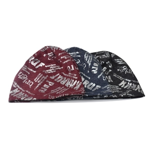 Unisex knitted slouchy beanie hats with silver metallic letter print in various colors
