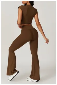 Detail showing the ruched booty lifting design on high-waisted chocolate yoga leggings