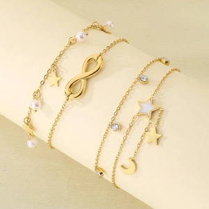 Stainless Steel Anklet Gold Plated Infinity Star Moon Charms Artificial Pearl Zircon Multi Layer Summer Beach Jewelry For Women