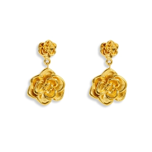 18K gold-plated stainless steel rose flower earrings for women with a 3D floral design