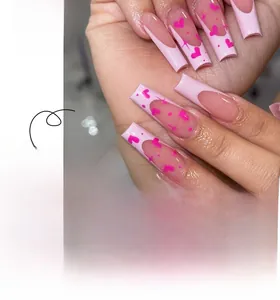 Detail of pink long ballerina press-on nails with heart and star patterns JP3051