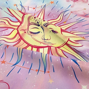 Detail of bohemian sun tapestry showing soft fabric texture and mystical star pattern